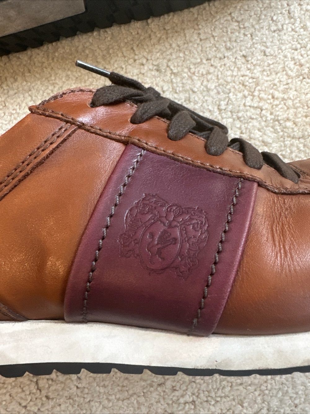 Bruno Magli Men's Brown Leather Sneakers with Burgundy Accents - Picture 2 of 9